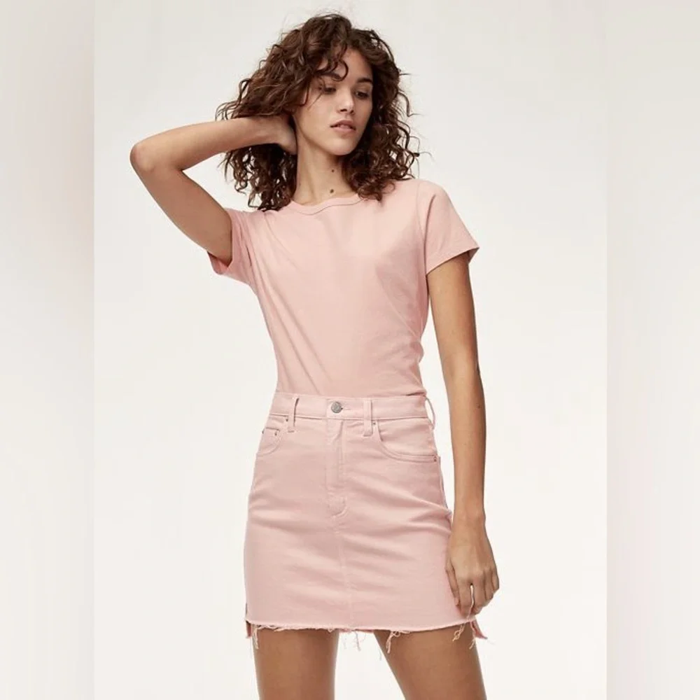 Aritzia Wilfred Free Distressed Tanit Denim Mini Skirt Pink Primrose - Size 8 - Picture 2 of 5